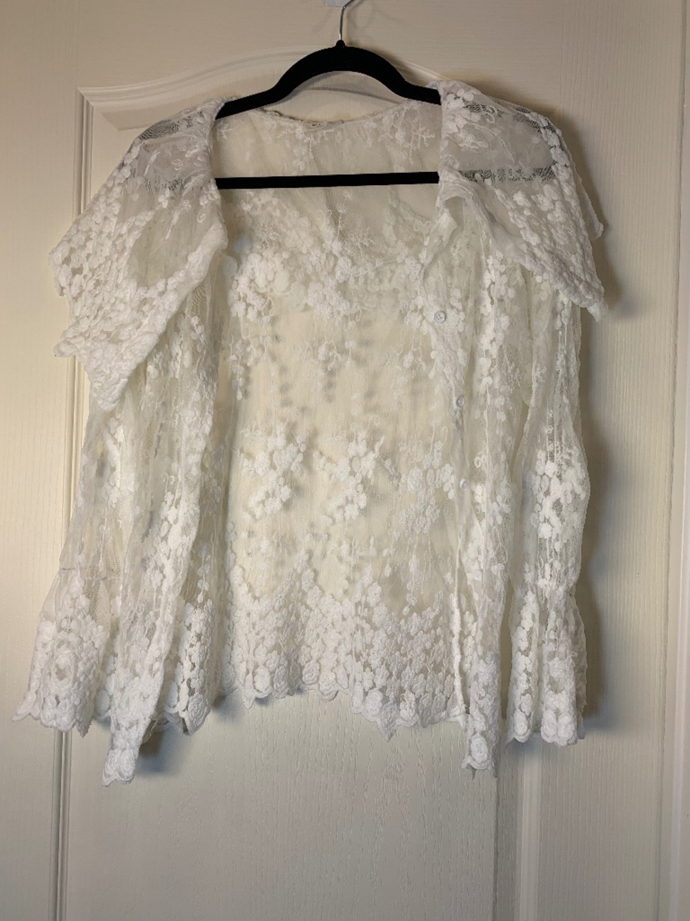 Romantic Fairy Cream Sheer Lace Blouse with Dramatic Collar, Approx. M Coquette